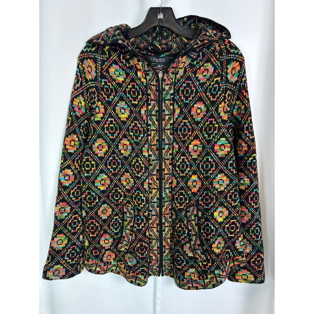 Papillon Boho Rainbow Geometric Knit Zip Up Hooded Cardigan Sweater Small